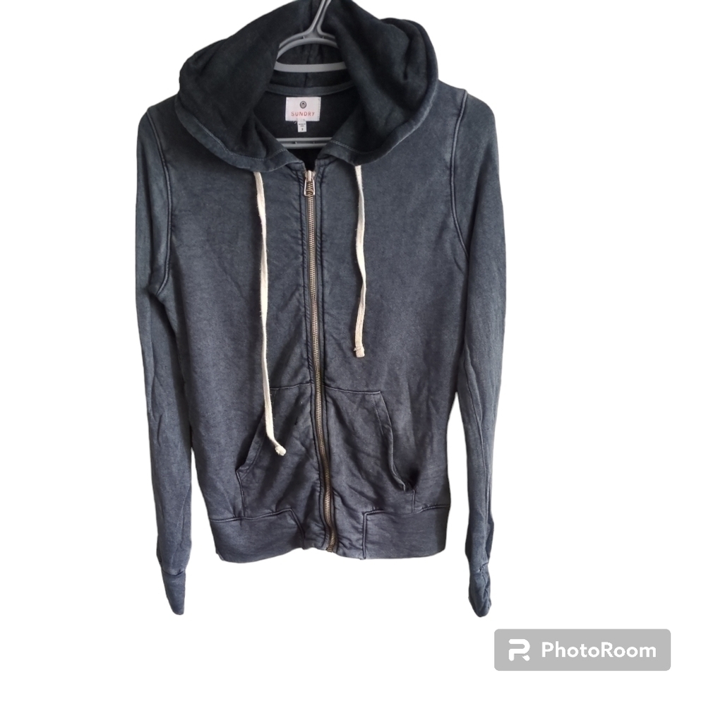 Sundry "Day Off" Full Zip Tencel Blend Grey/Black Distressed FZ Hoodie Size 2 M